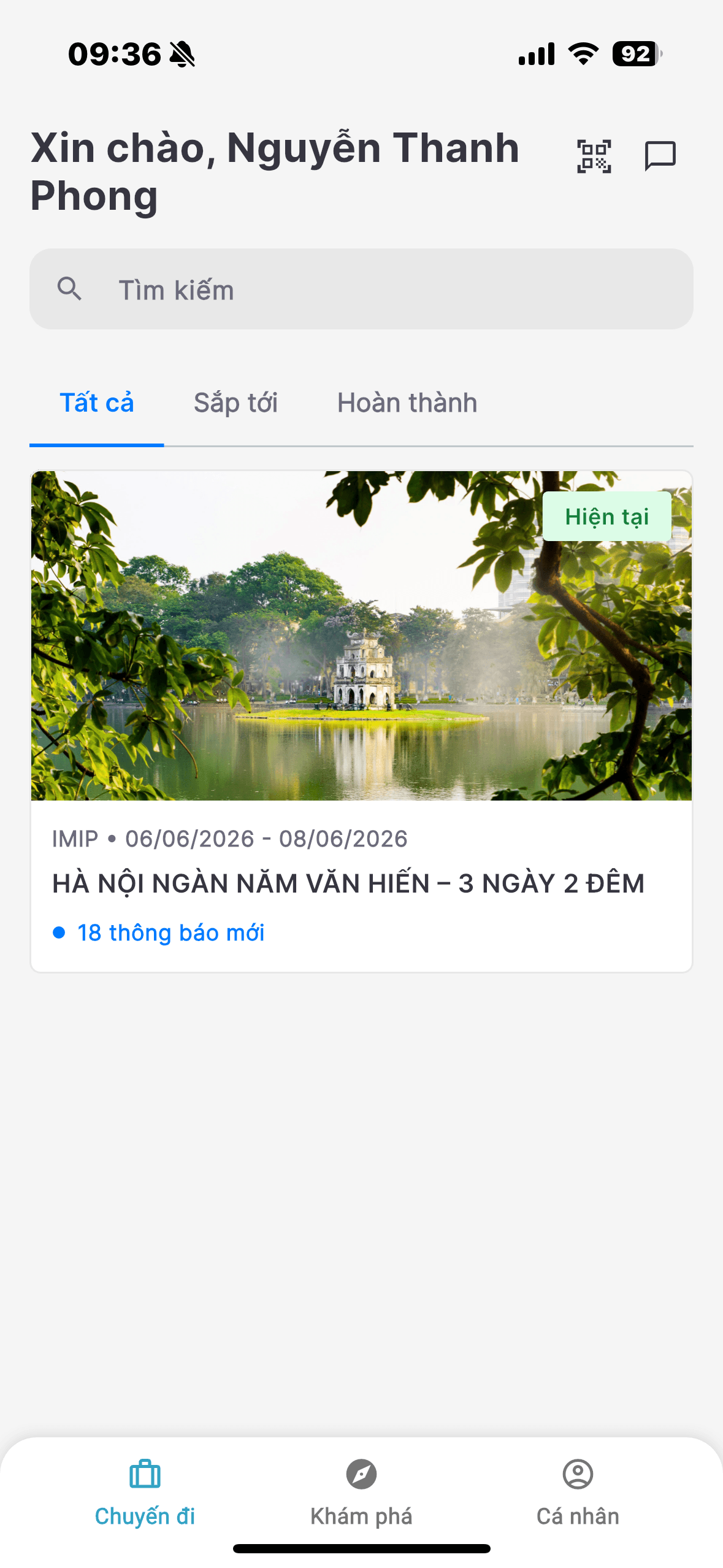 Màn hình sau khi tham gia tour thành công