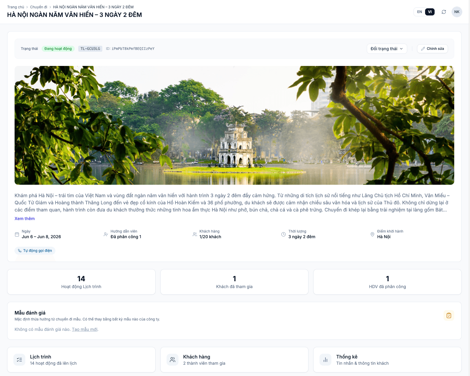 Bảng điều khiển web hiển thị quản lý tour