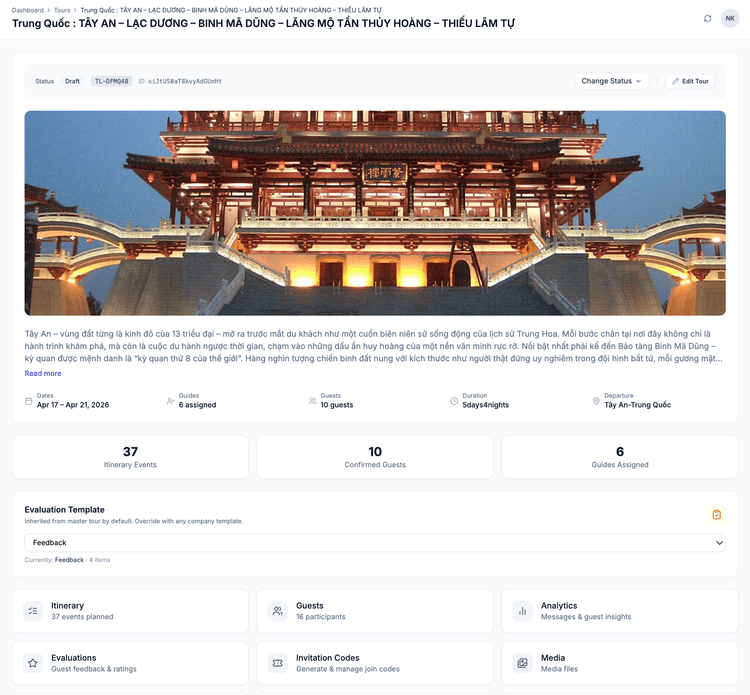 Web dashboard showing tour management